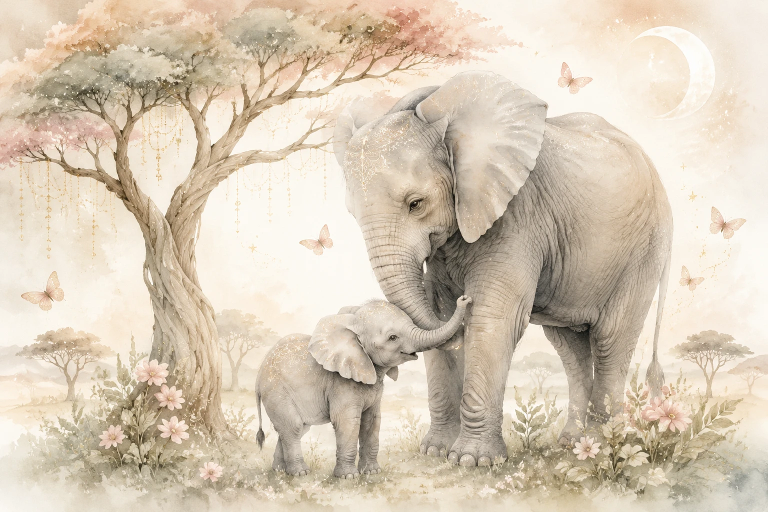 Sweet baby elephant cuddling close to protective mother