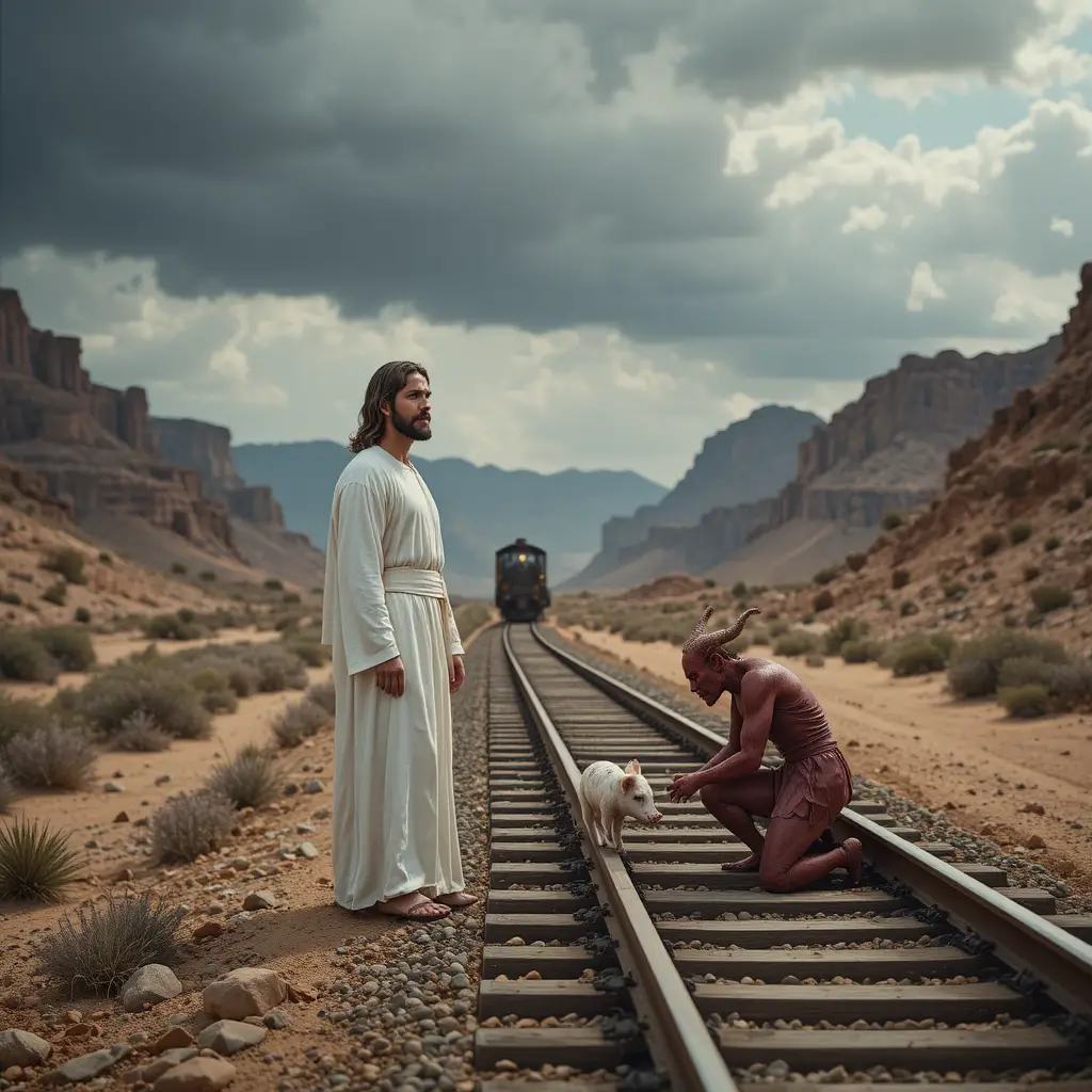 Jesus And Demon On Desert Railway Beneath Stormy Sky
