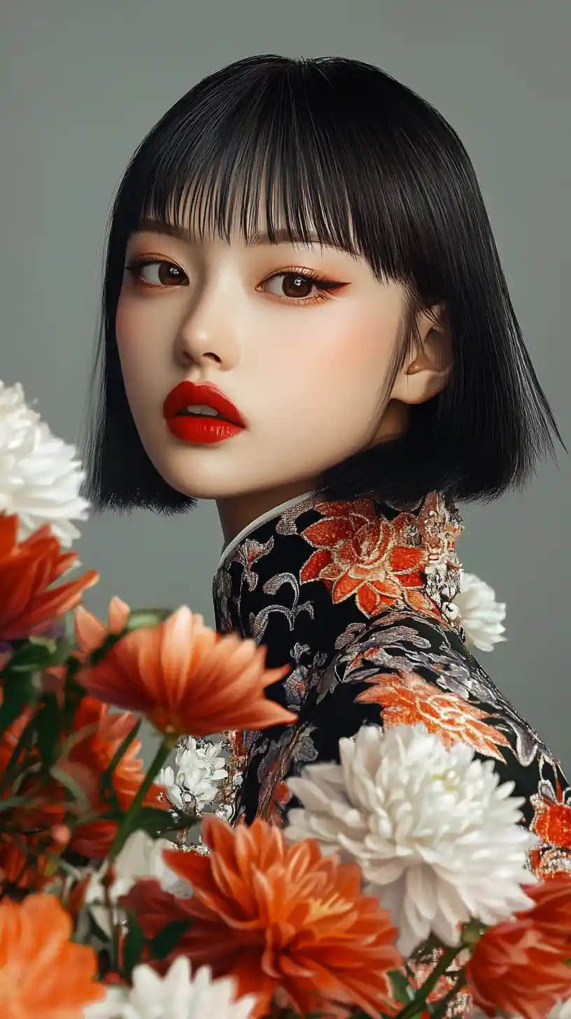 Elegant anime woman with flowers and patterned jacket