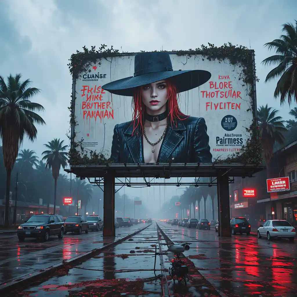 Surreal Cyberpunk Woman On Decaying Billboard By Flooded Highway