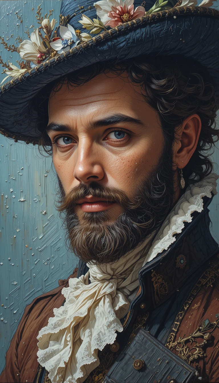 Joyful man in 1700s clothing in acrylic oil painting