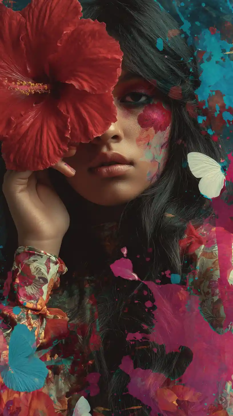 Melancholic woman with red flower and fluttering butterflies