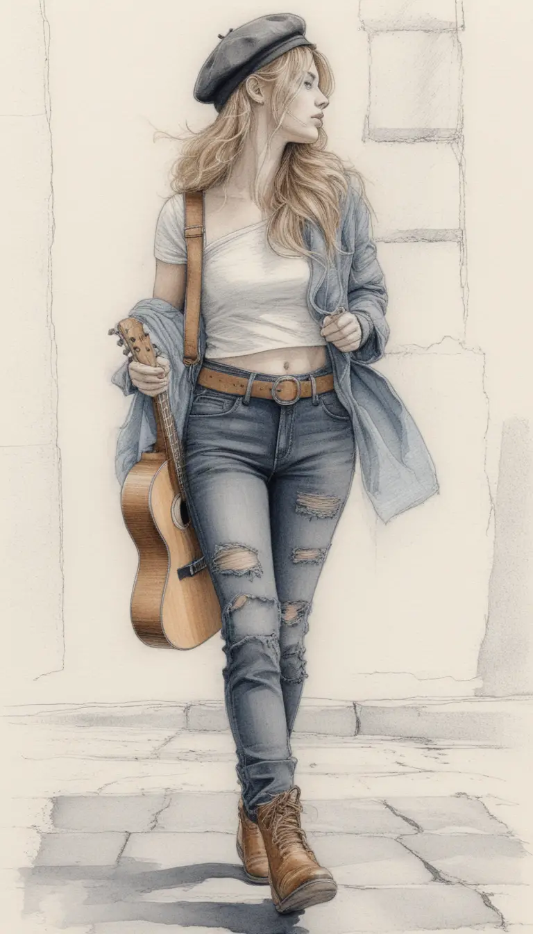 Bohème-Frau mit Gitarre auf dem Rücken beim Gehen