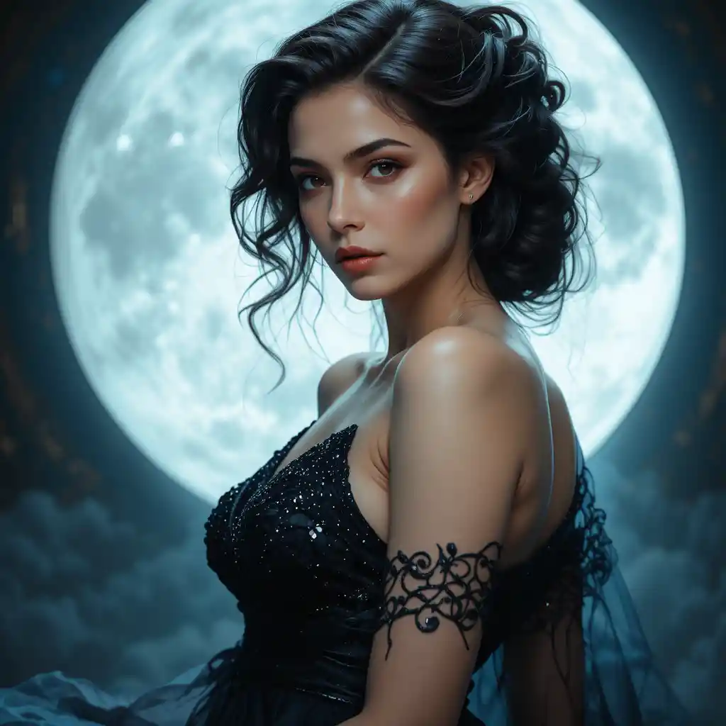 Mystical night goddess in a moonlit glamorous minidress