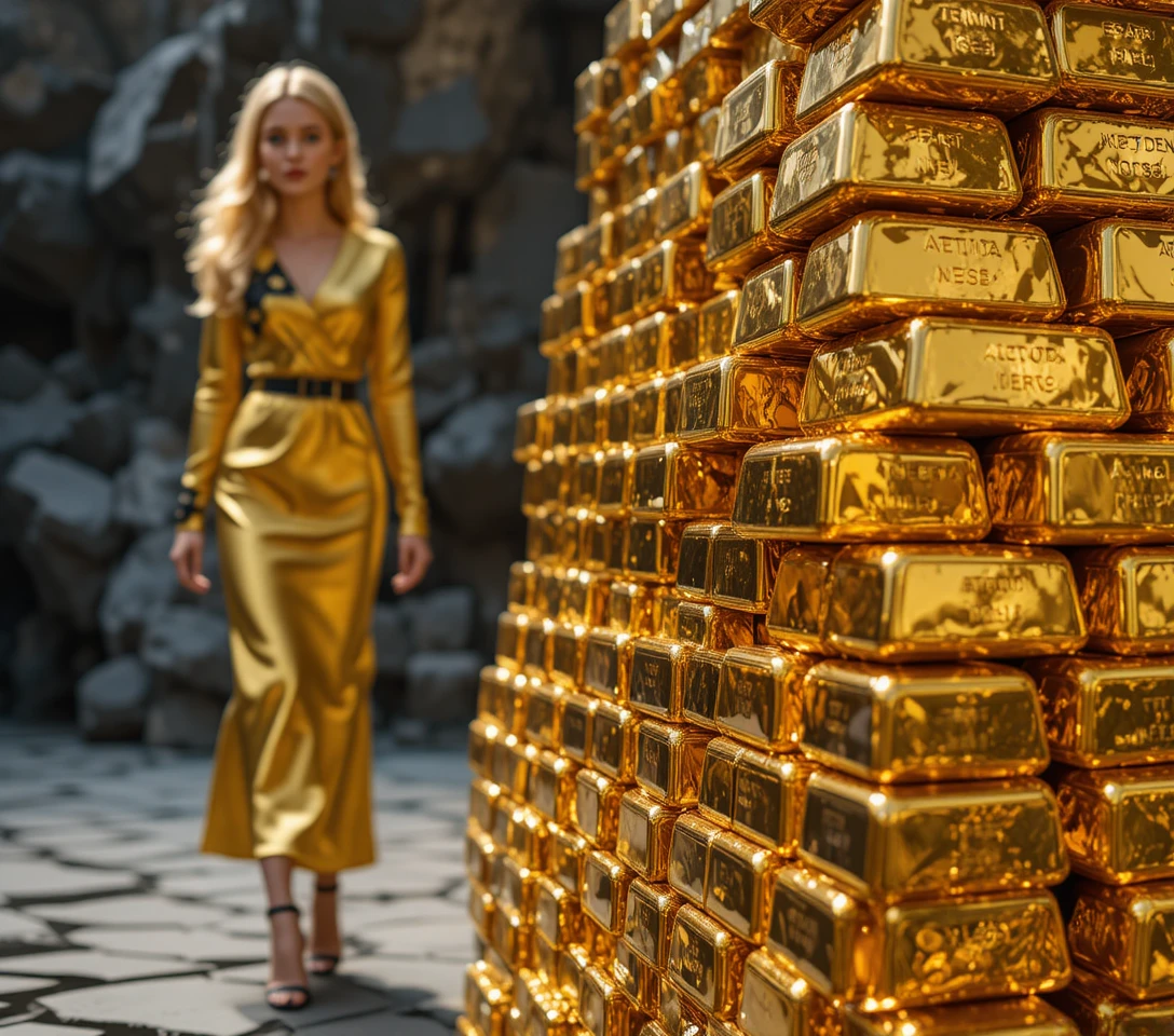 Blonde model in golden evening dress on rocky runway