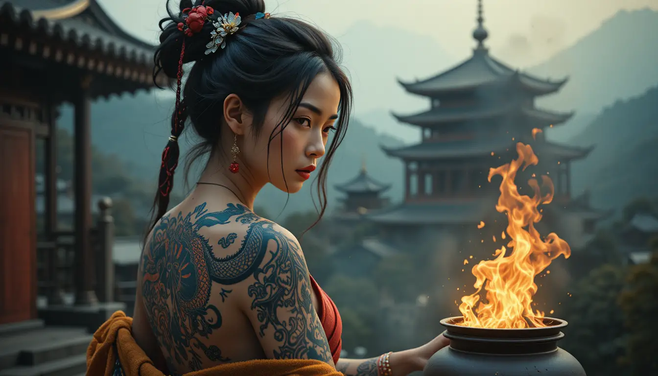 Japanese woman bound to a post with a flaming dragon