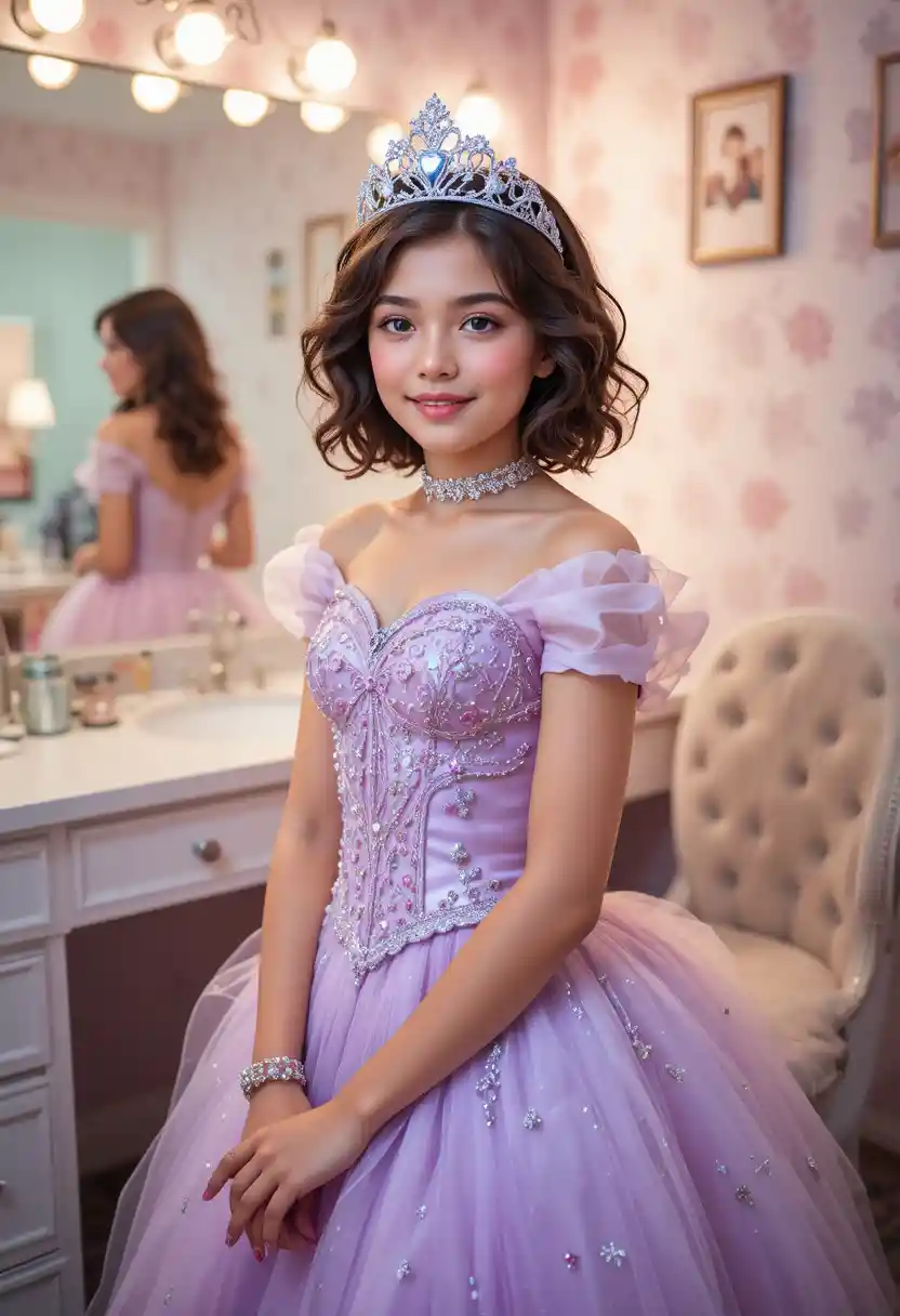 Young boy in princess dress at backstage vanity mirror