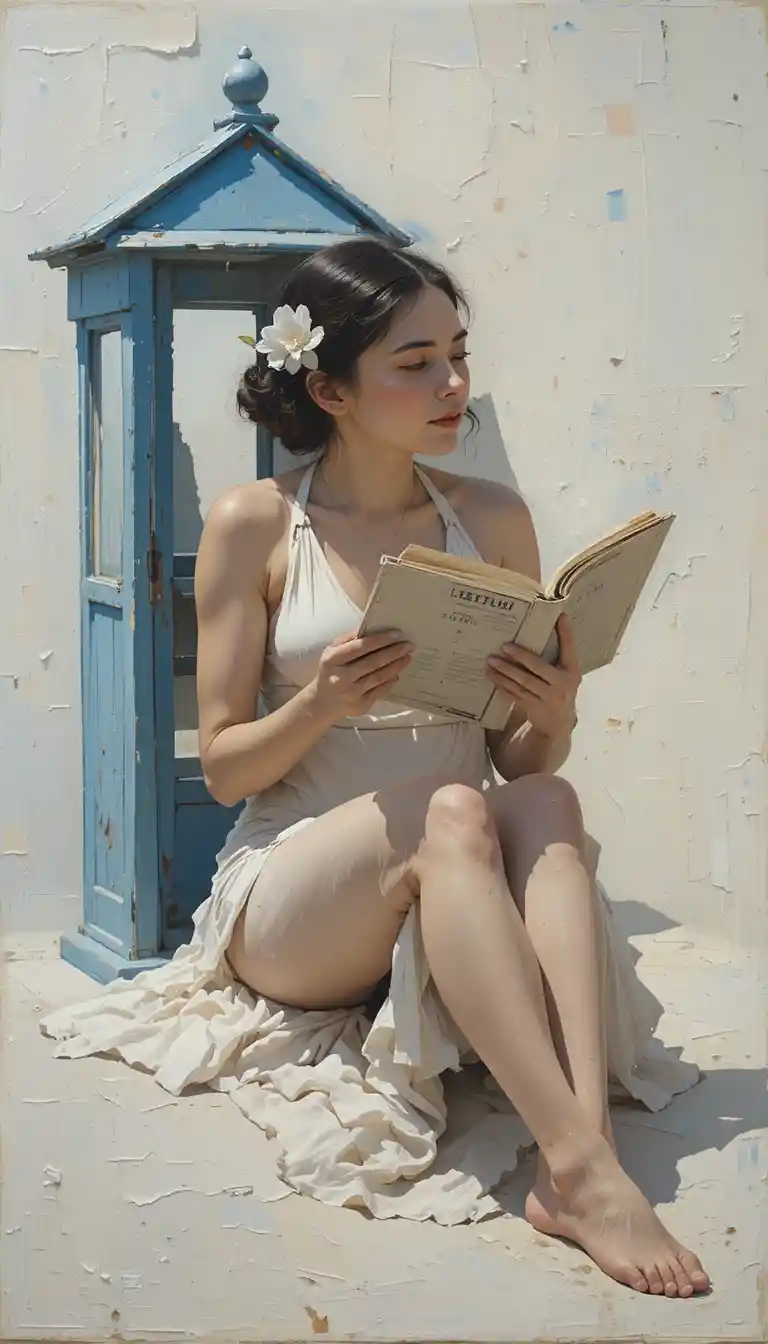 Young girl reading under a blue parasol by the sea
