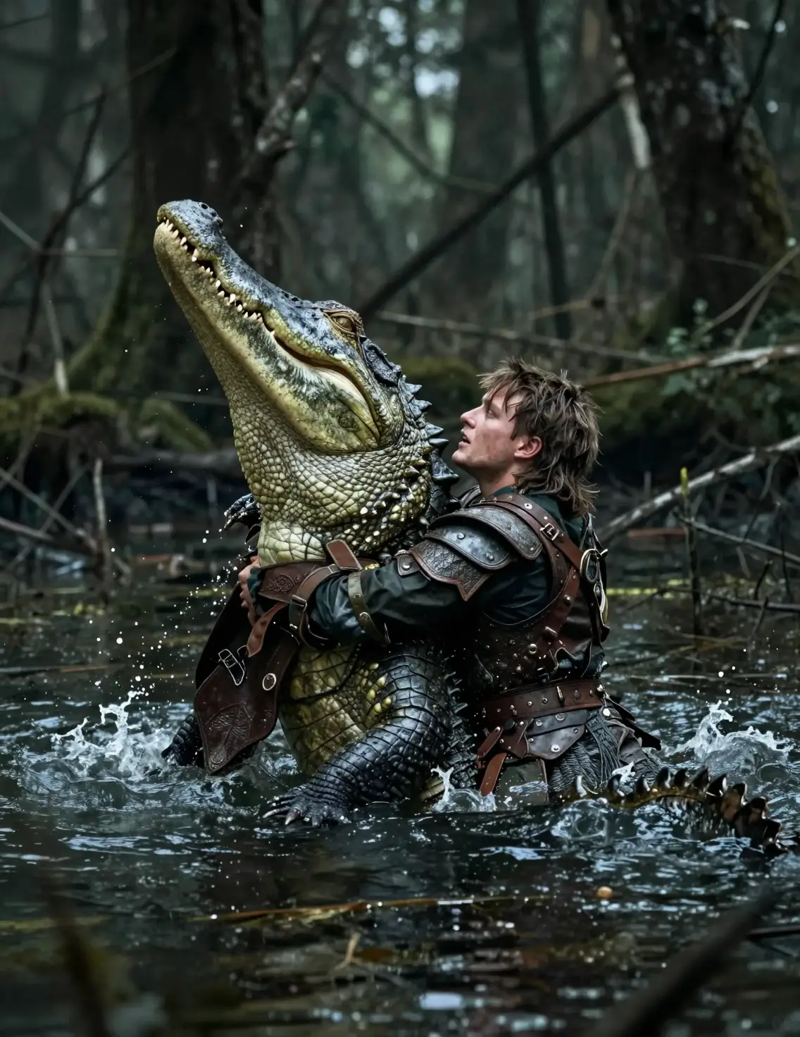Warrior Wrestling Giant Alligator In Dark Forest Swamp