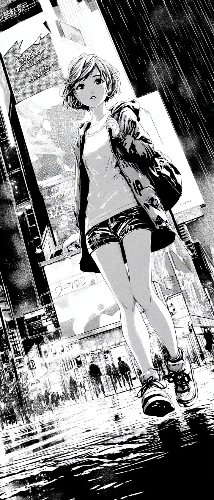 Anime girl stepping from comic page into rainy neon city