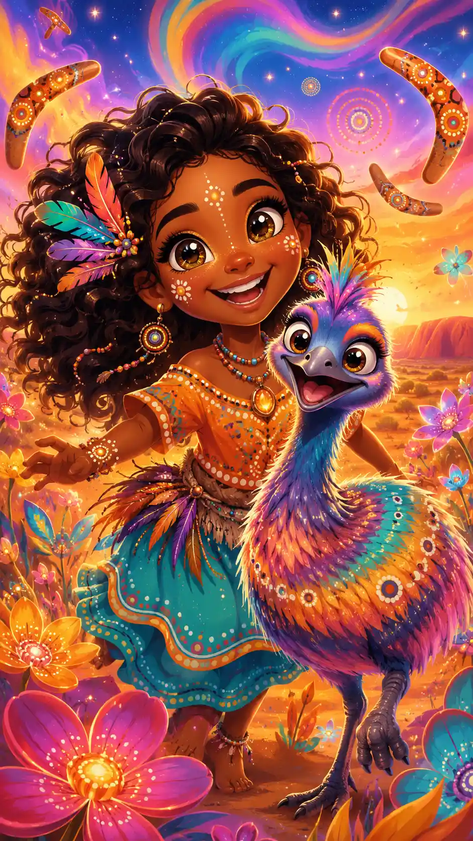 Joyful girl with rainbow emu in fantasy outback dreamland