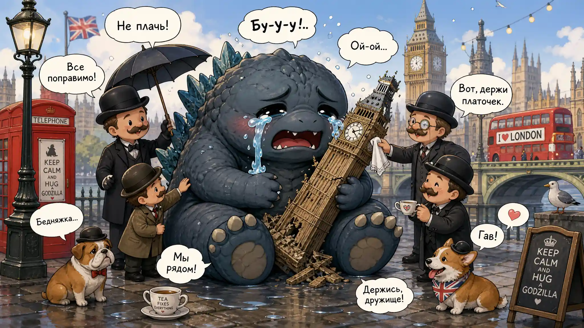 Cute crying monster holding broken london clock tower
