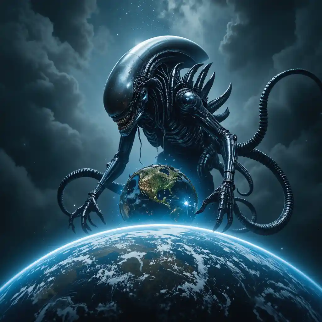 Creatura aliena oscura che stringe la fragile Terra blu