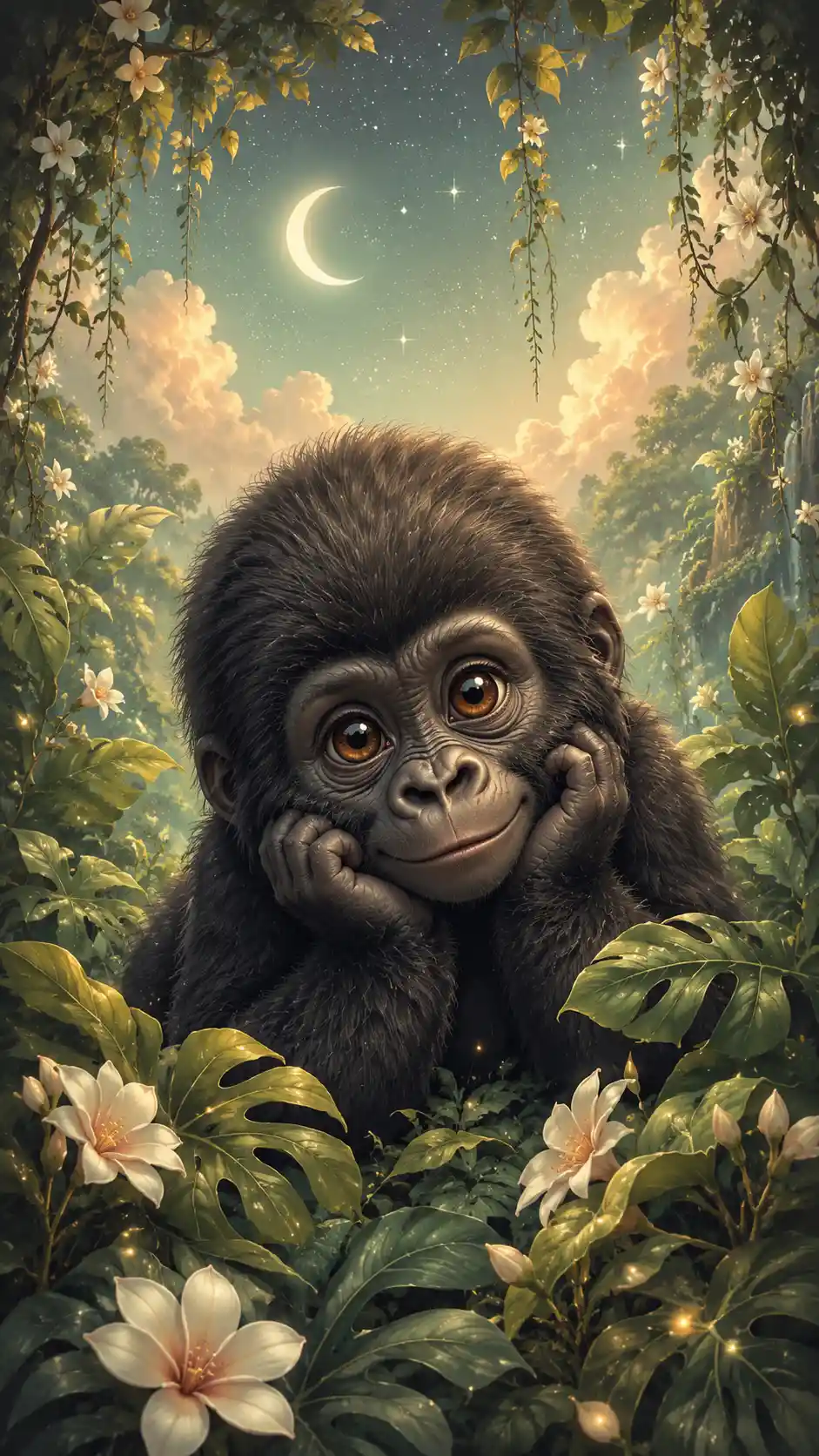 Cute baby gorilla resting in an enchanted jungle night
