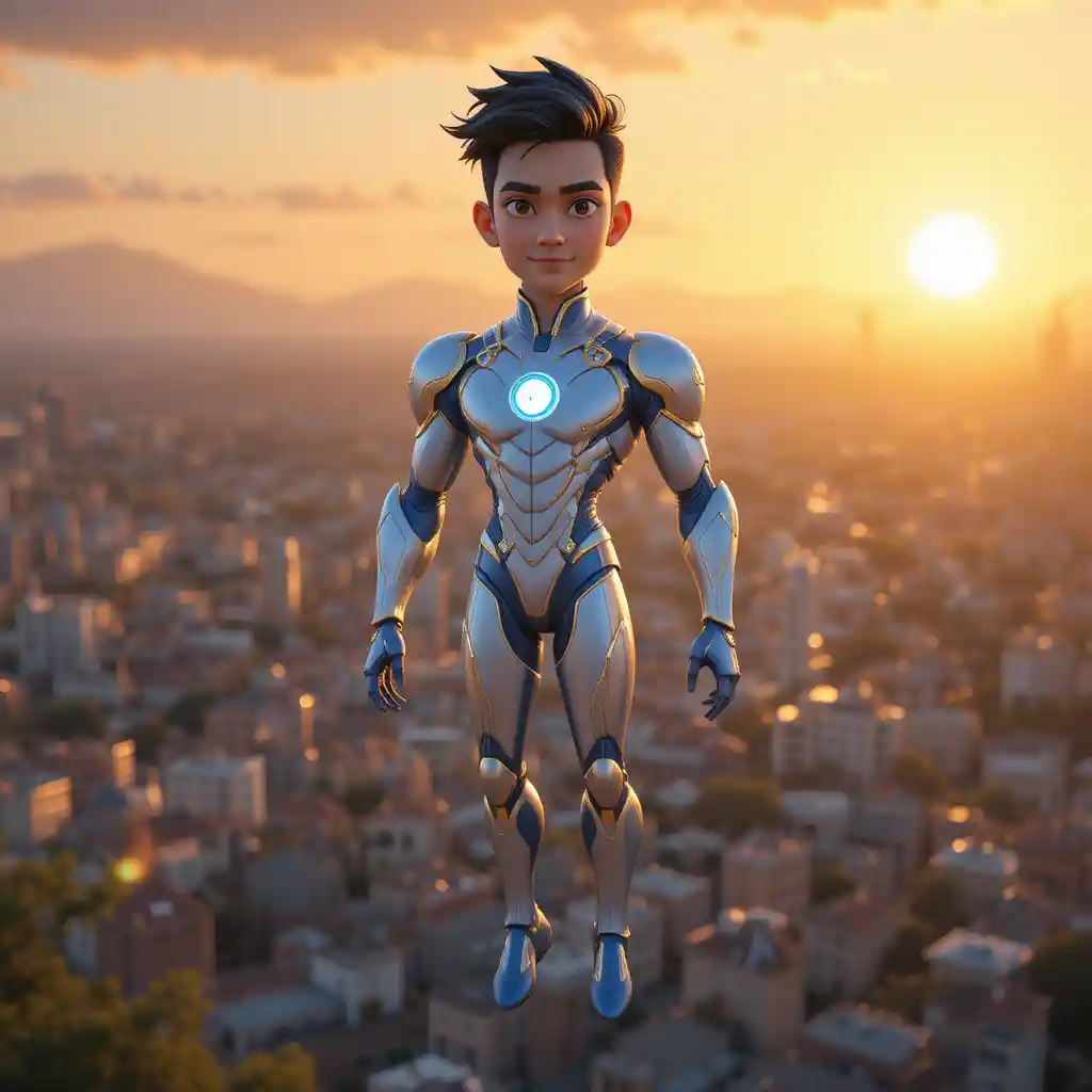 Relaxed superhero floating above city at golden sunset