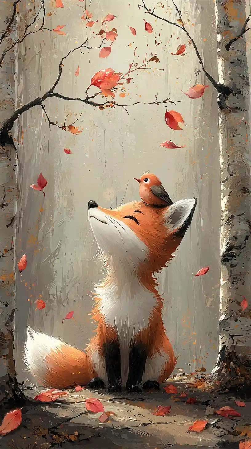 Cartoon fox and bird beneath blooming tree in soft pastels