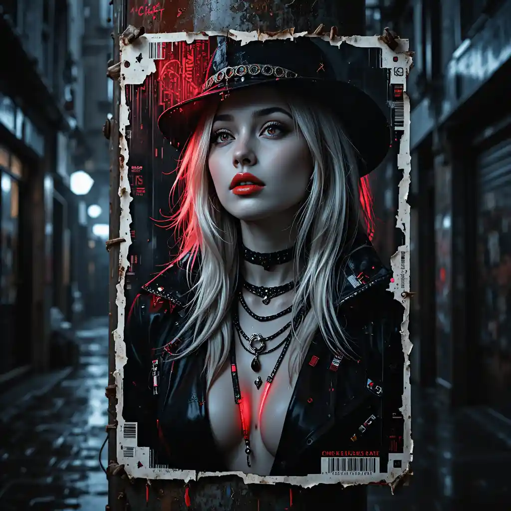 Noir cyberpunk fashion poster on a rainy city lamppost