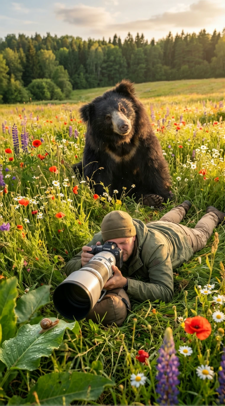 Photographer focusing on a snail in a sunny meadow