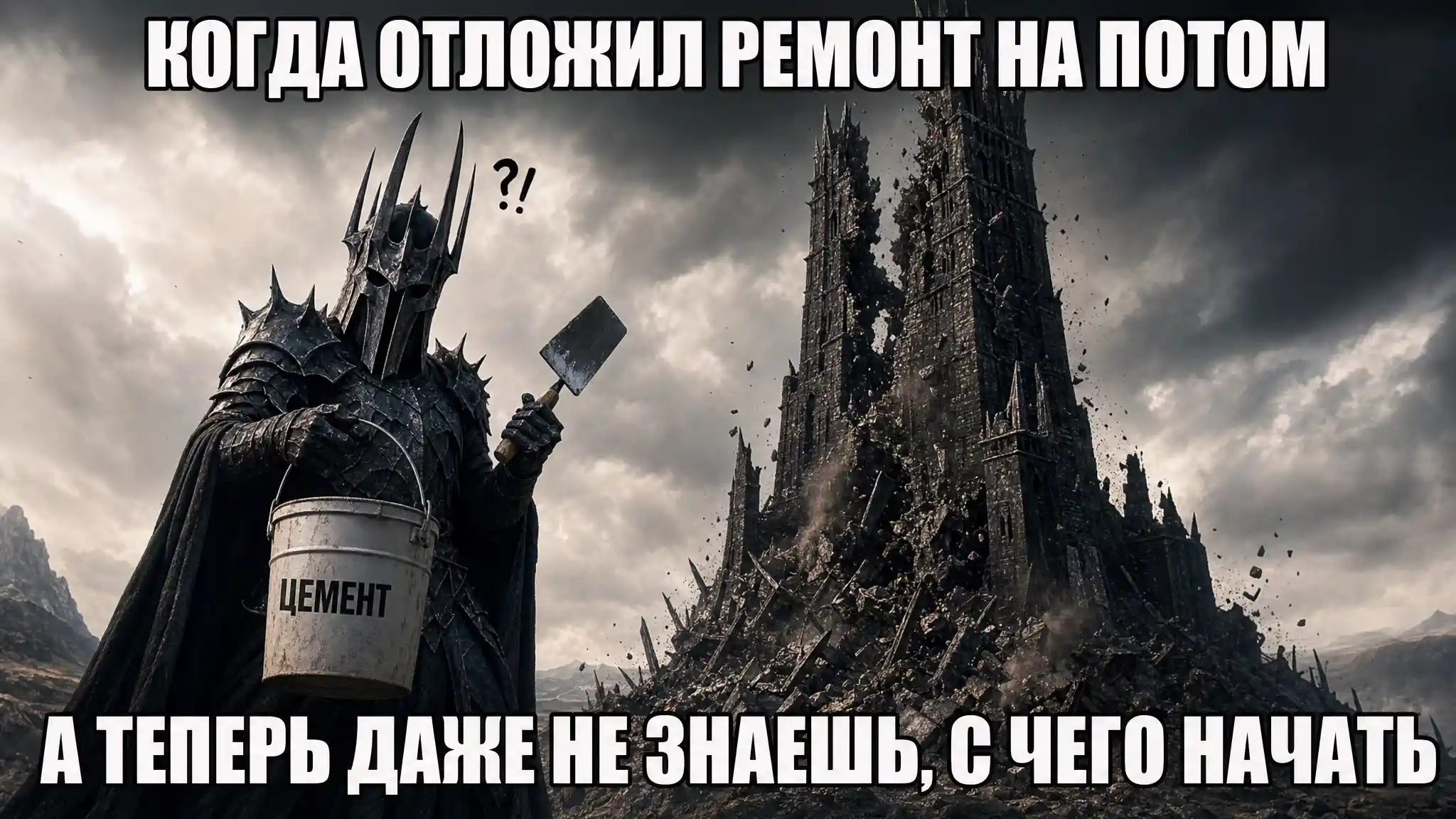 Humorous dark lord repairing a crumbling fantasy tower