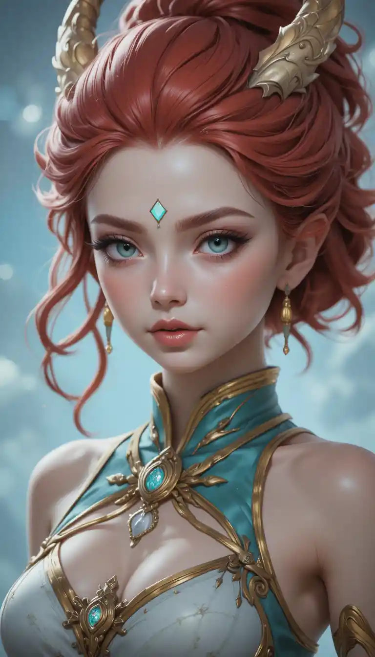 Dragon woman with red hair and golden eyes in Wakfu world