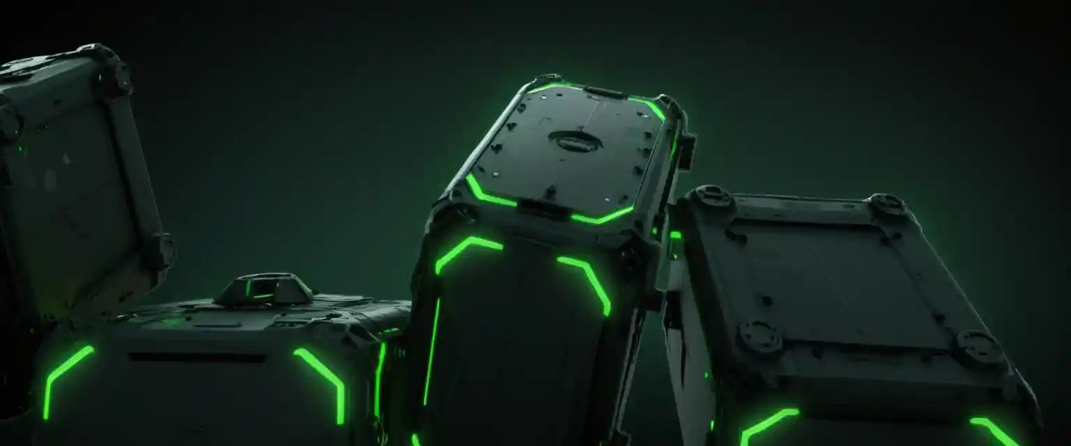 Futuristic green containers floating against black background