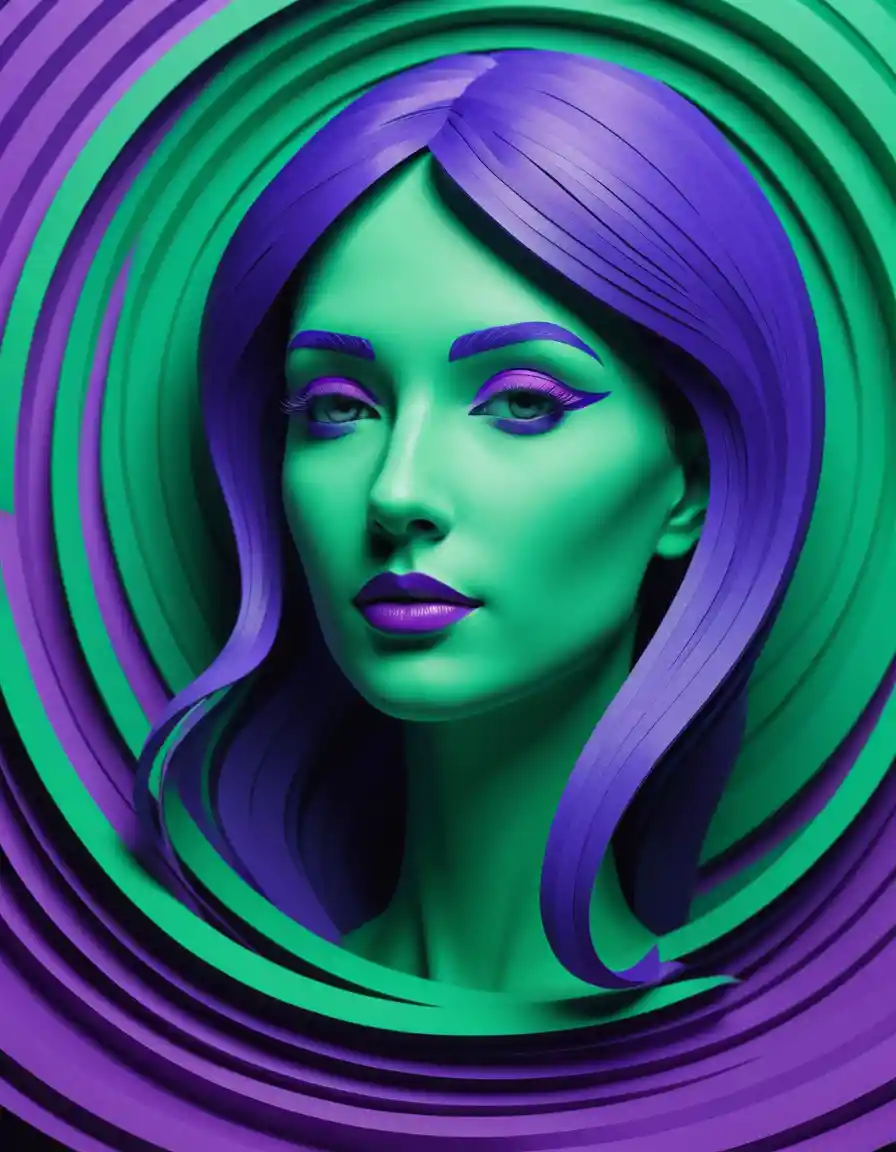 Abstract neon papercraft portrait of a swirling female figure