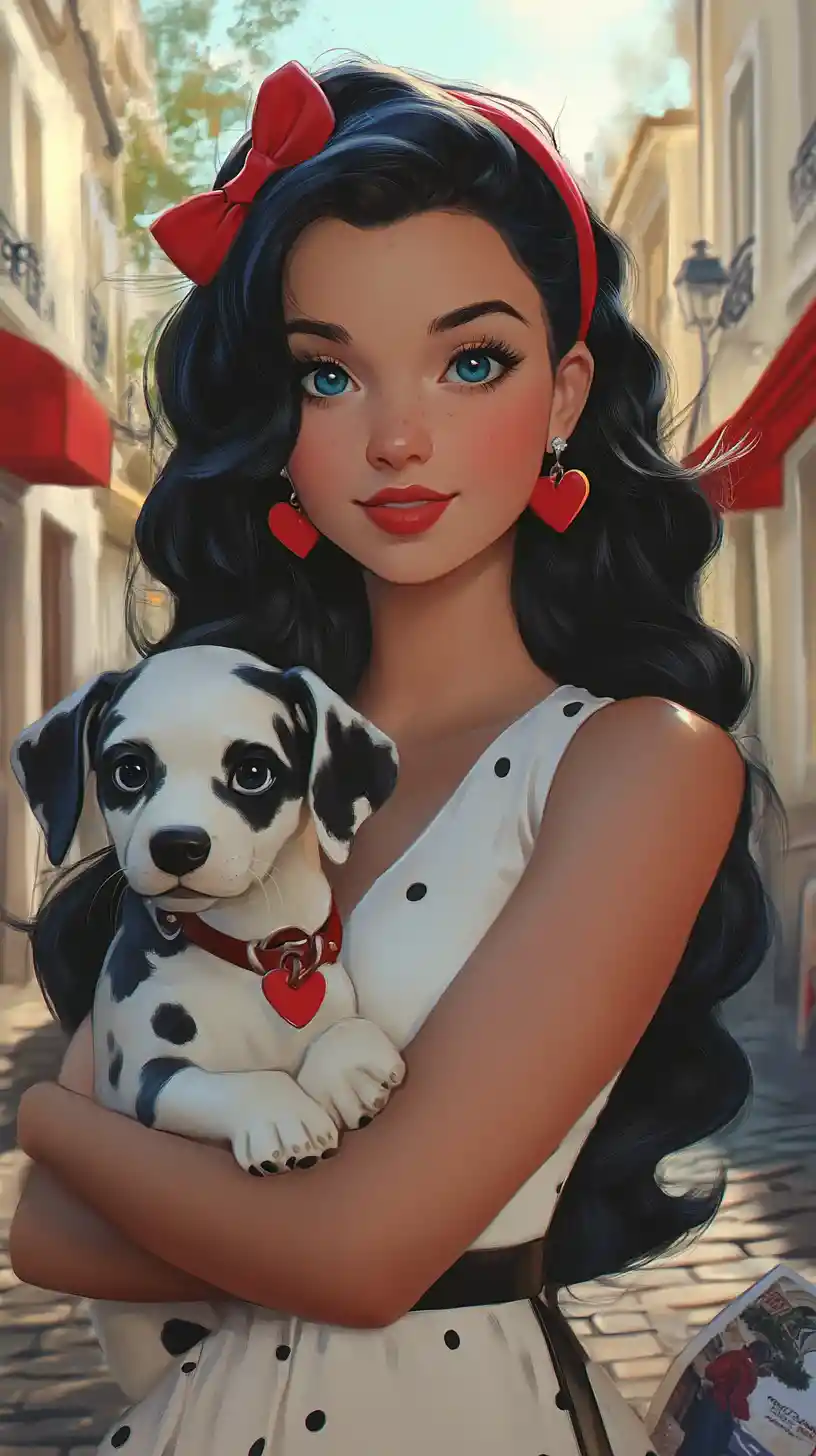 Retro pin up girl holding dalmatian puppy on city street