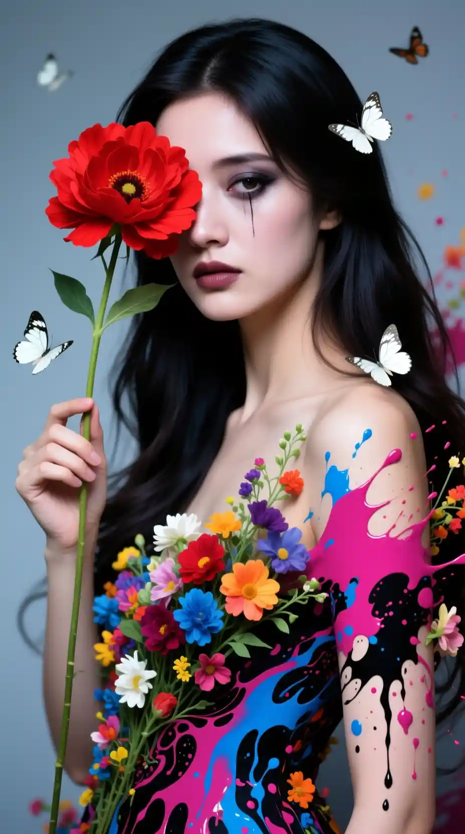Melancholic woman with red flower and swirling blossoms