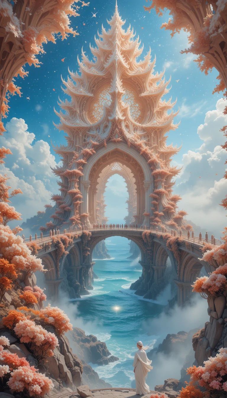 Baroque fantasy sea with crystal bridge under starry sky