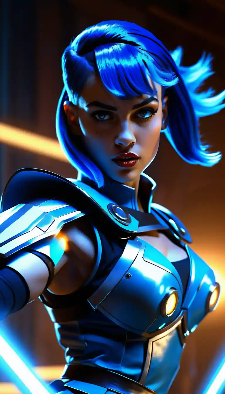 Futuristic blue haired female warrior charging glowing energy