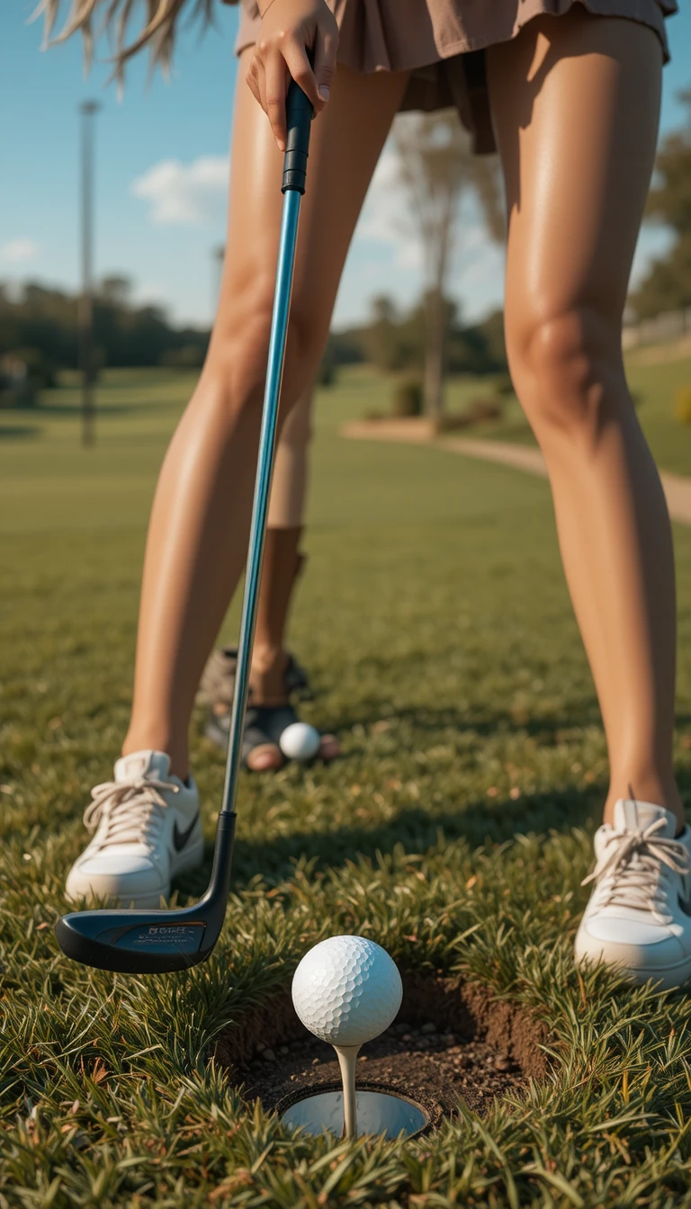 Stylish woman golfer in low angle stance over the ball