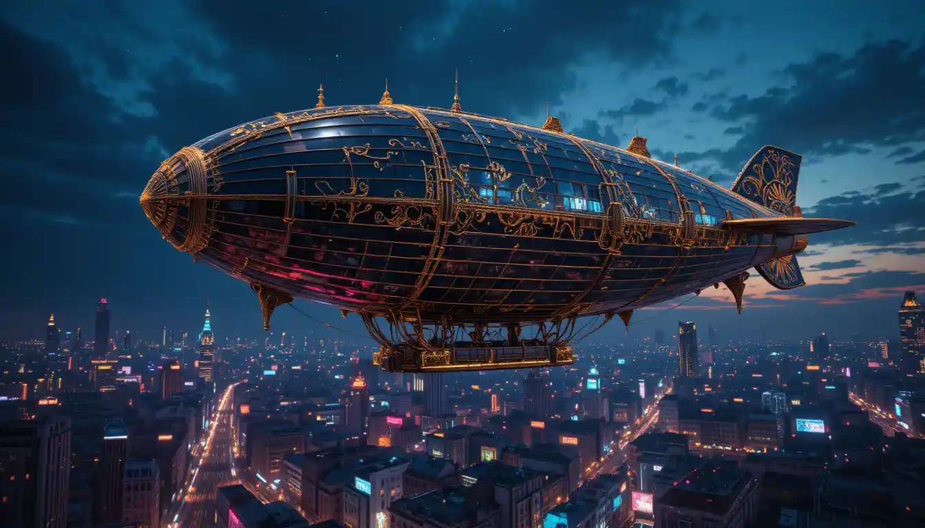 Majestic antique airship over neon city at dusk