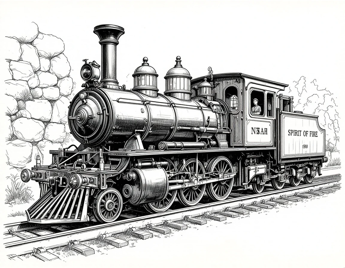 Vintage steam locomotive on tracks before a rocky wall