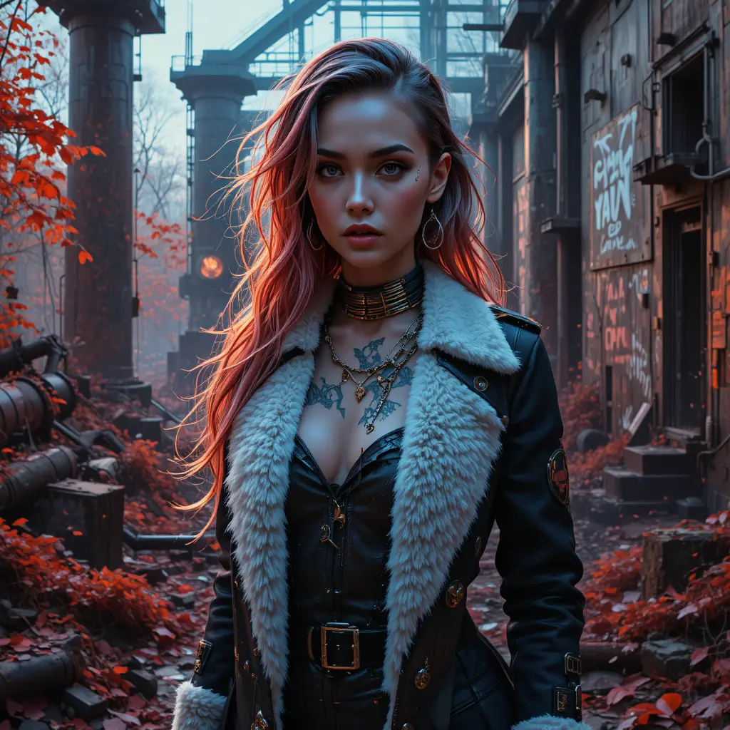Cyberpunk woman in ruined geothermal reactor forest