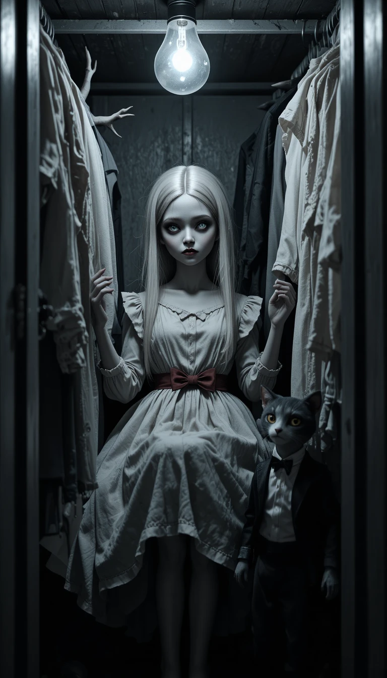 Porcelain doll hiding in a dim gray closet corner