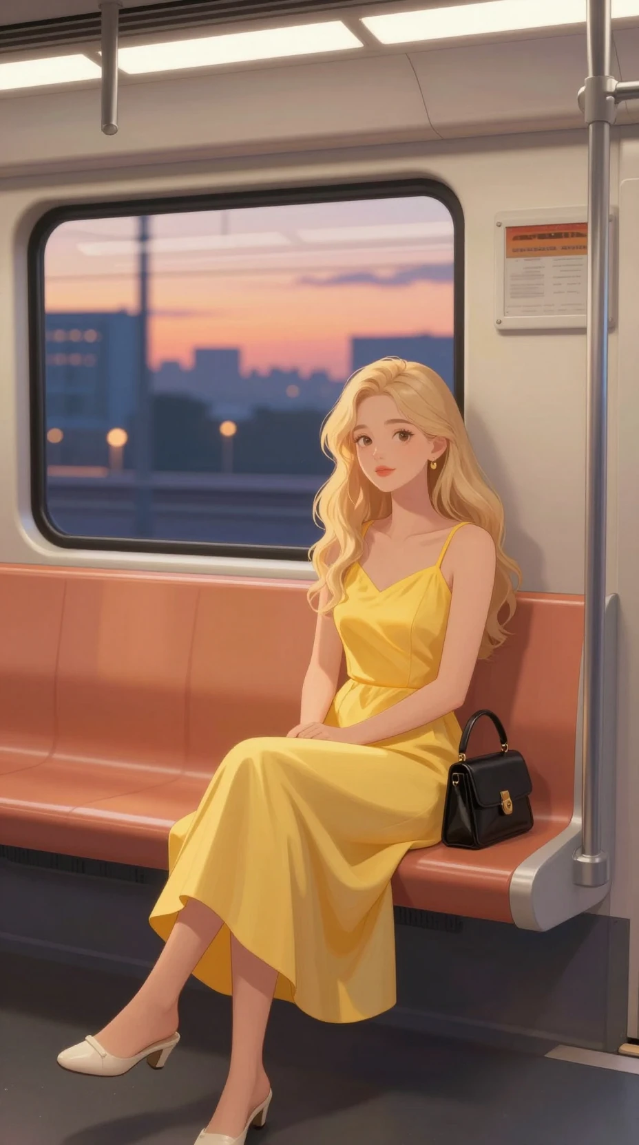 Blonde anime girl in yellow dress on sunset subway