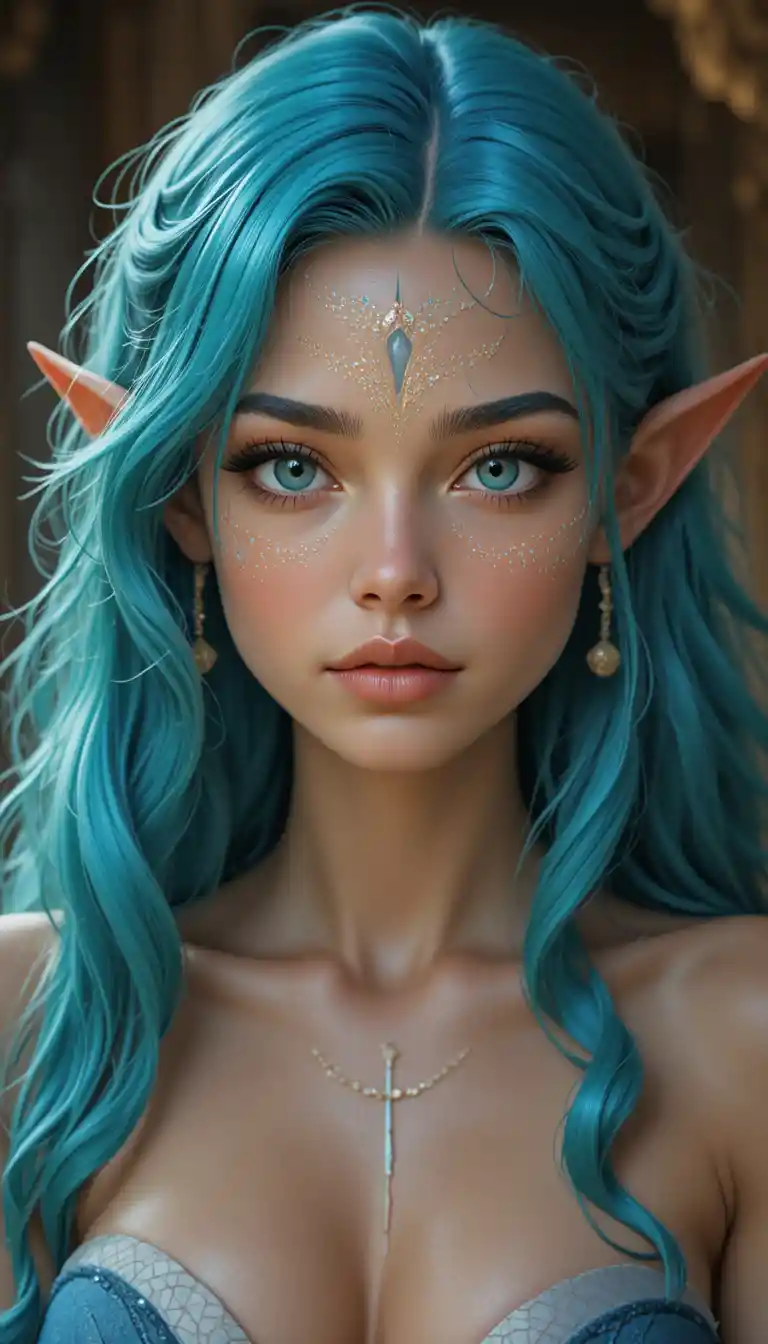 Elegant blue green haired mermaid woman in a fantasy world