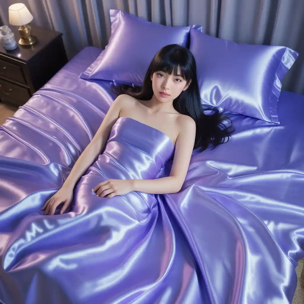 Japanese woman lying on glossy lavender satin bed sheets