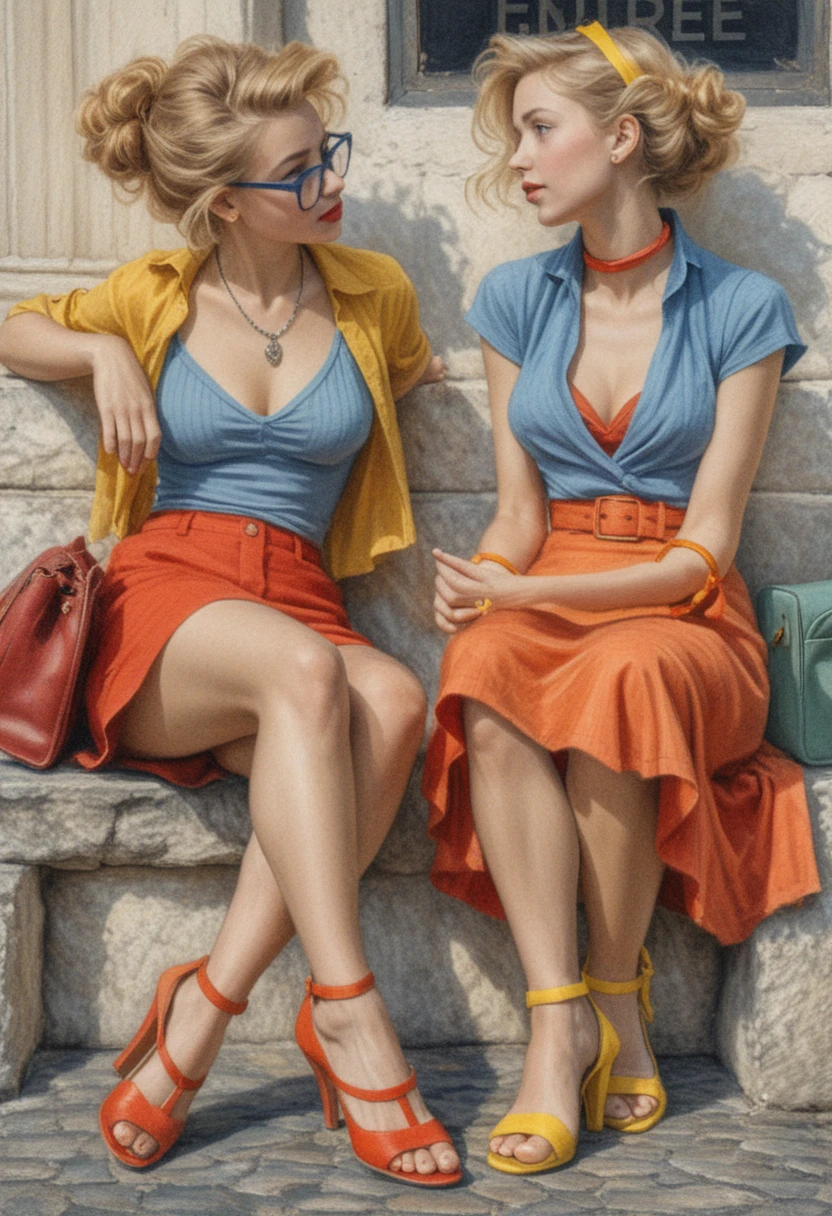 Two curvy women sitting on stone steps in conversation
