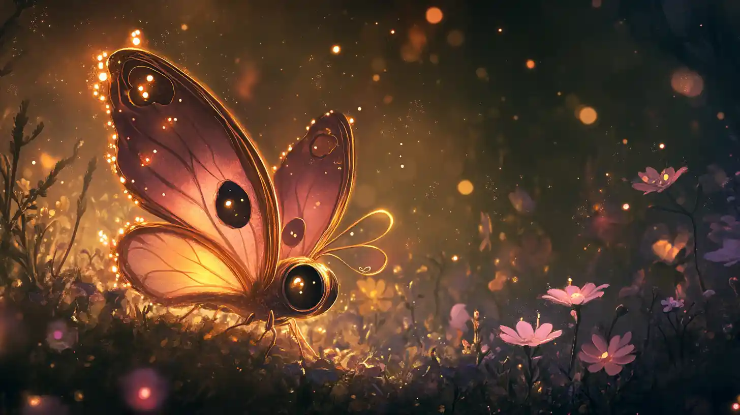 Cute fantasy butterfly resting among blossoms at night