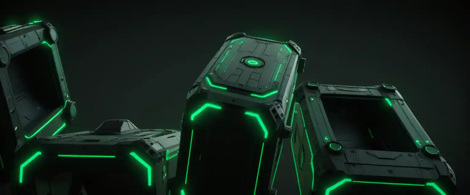 Futuristic Green Anti Gravity Containers On Black Background