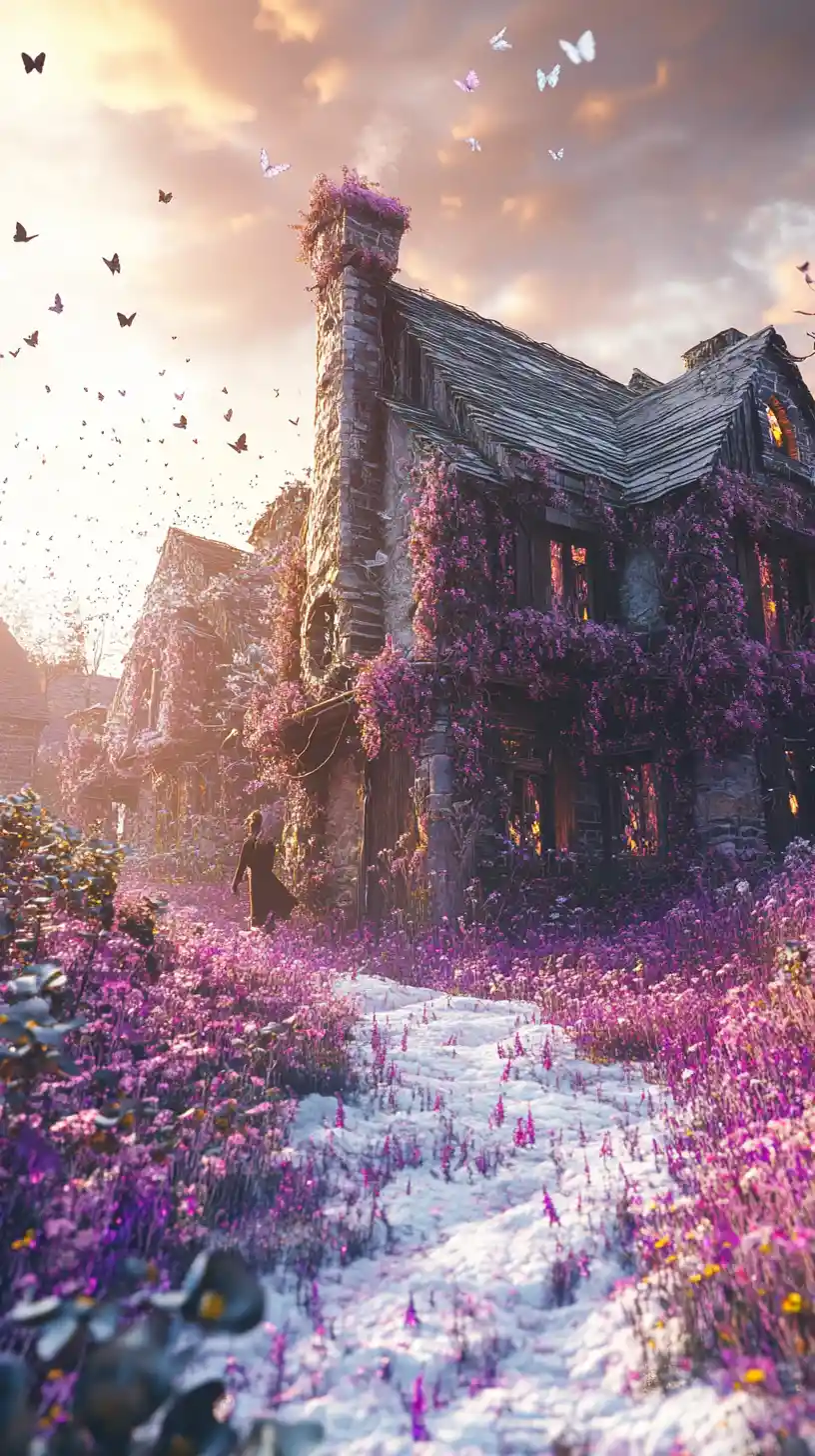 Surreal spring village melting into watercolor blossoms