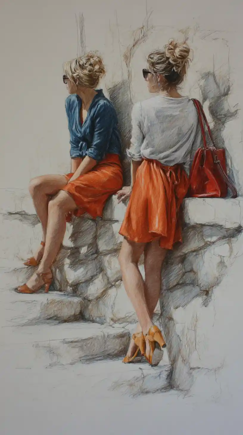 Two curvy women talking on stone steps in sunlight