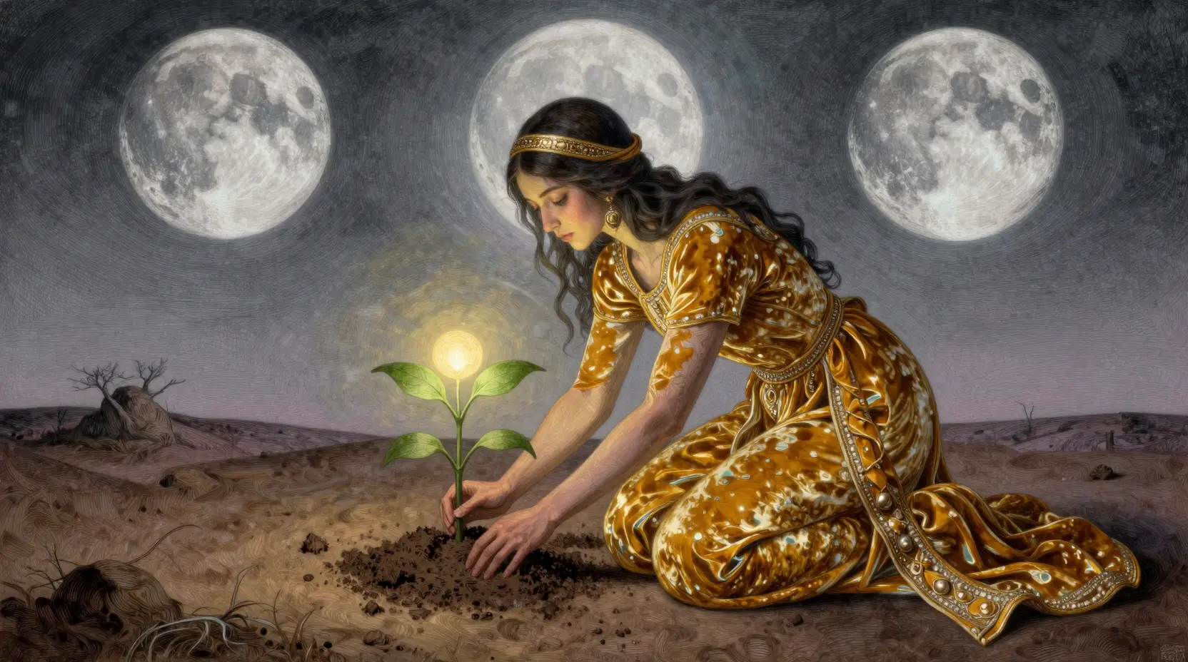Kneeling figure planting a glowing sapling on alien soil