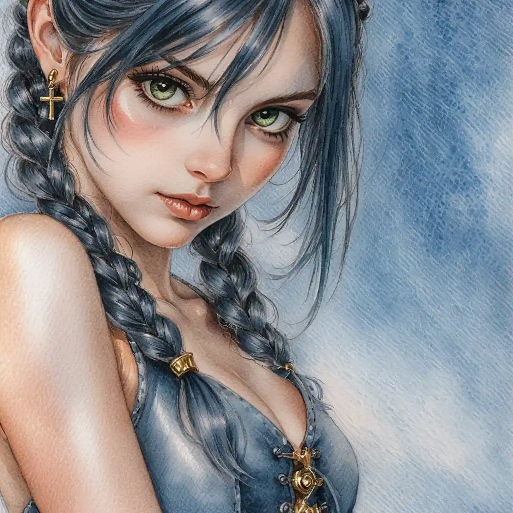 Anime girl in corset glancing back with intense gaze