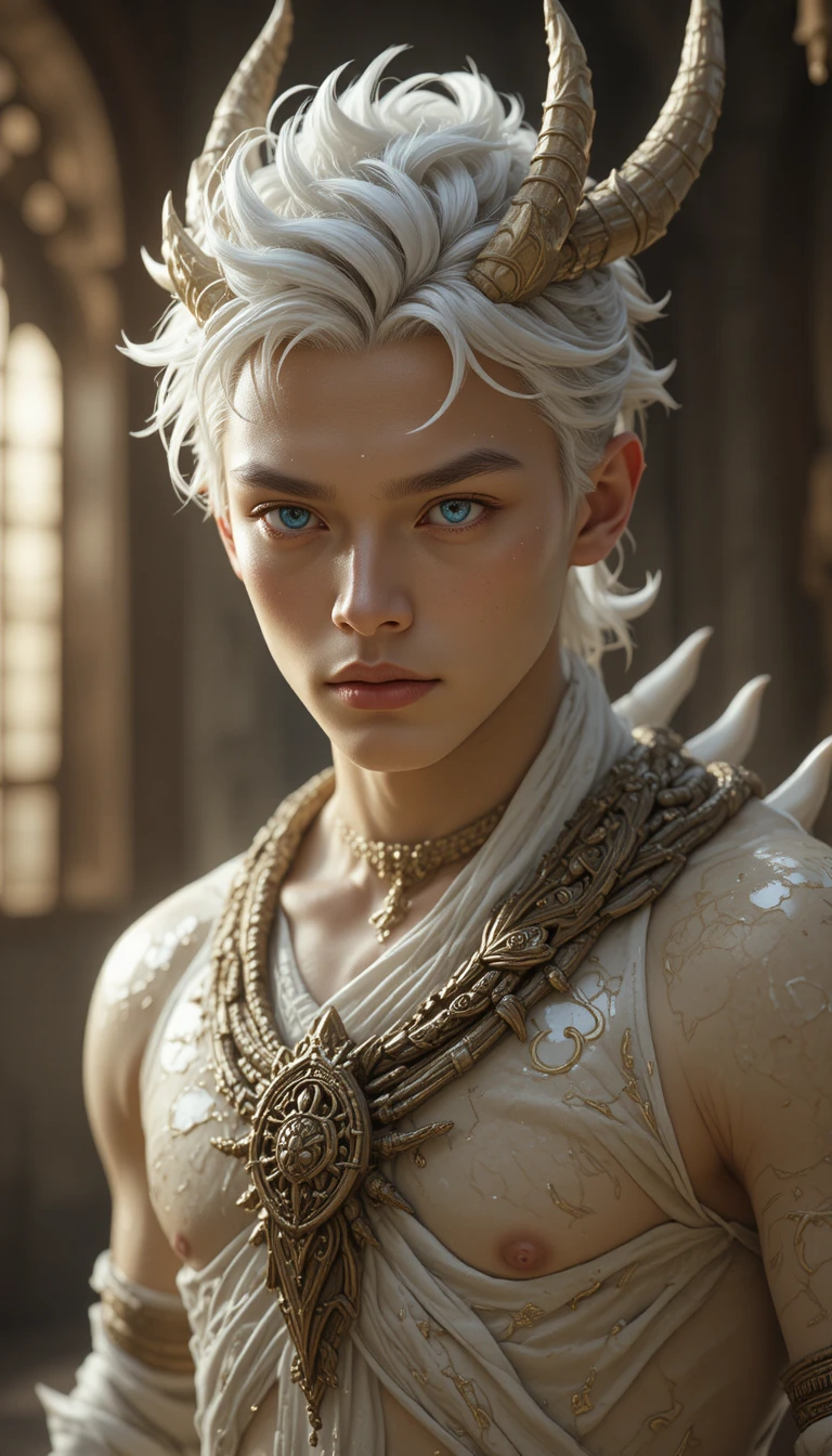 Young dragon man with antlers and glowing blue eyes