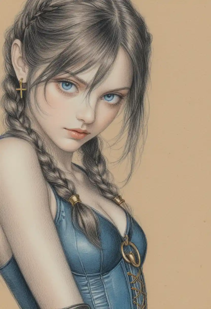 Three quarter view anime woman with braided navy hair