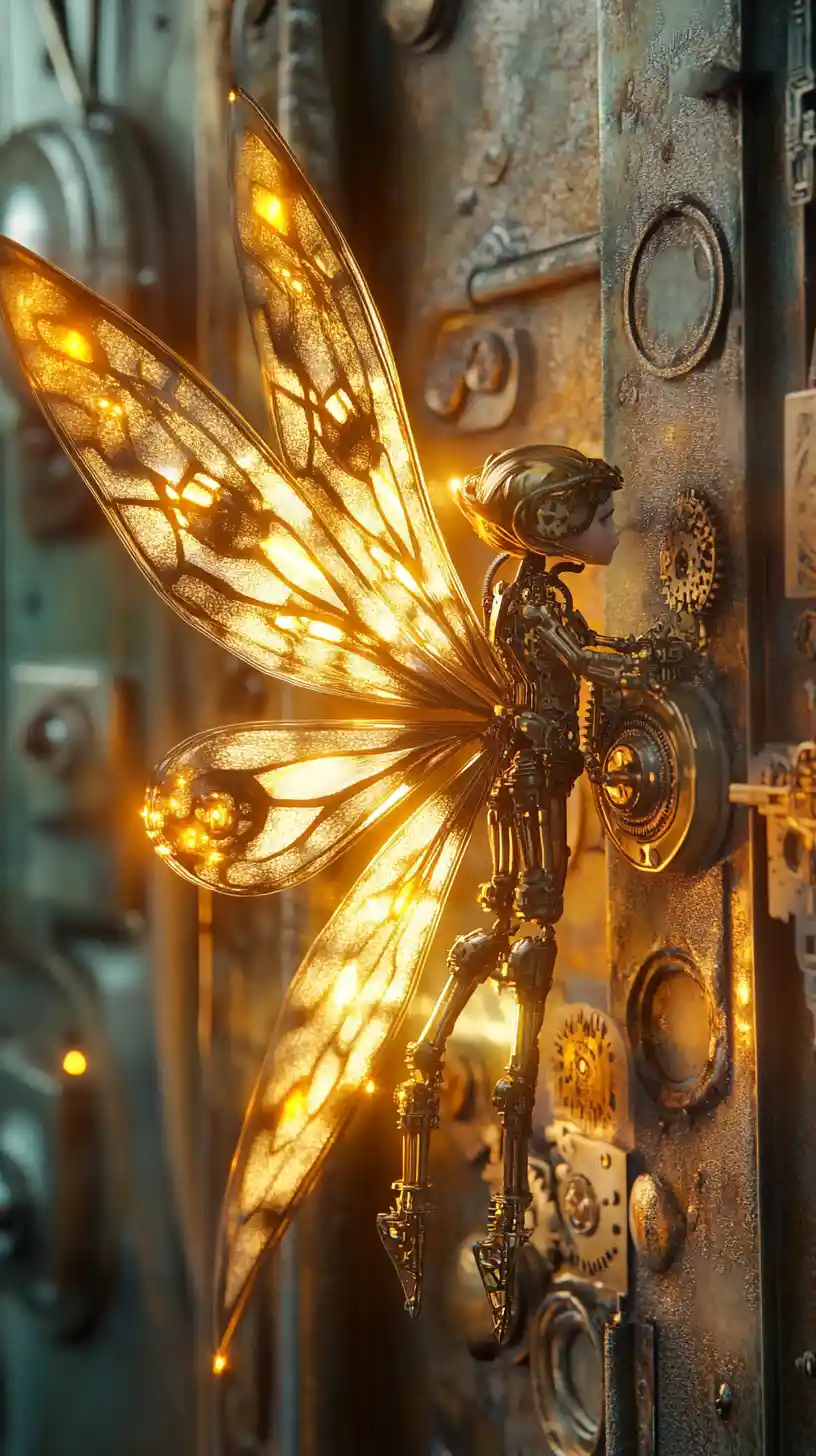 Mechanical fairy glowing in a warm steampunk world
