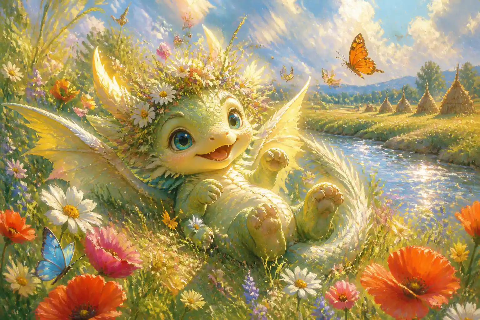 Joyful chibi dragon playing in a sunlit flower meadow