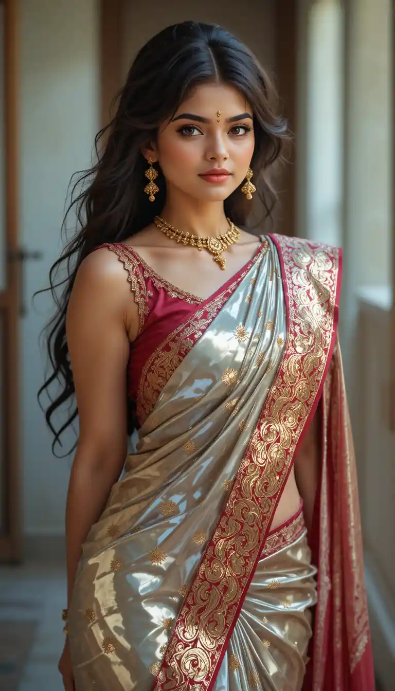 Tamil woman in glossy ghaghra saree with exposed midriff